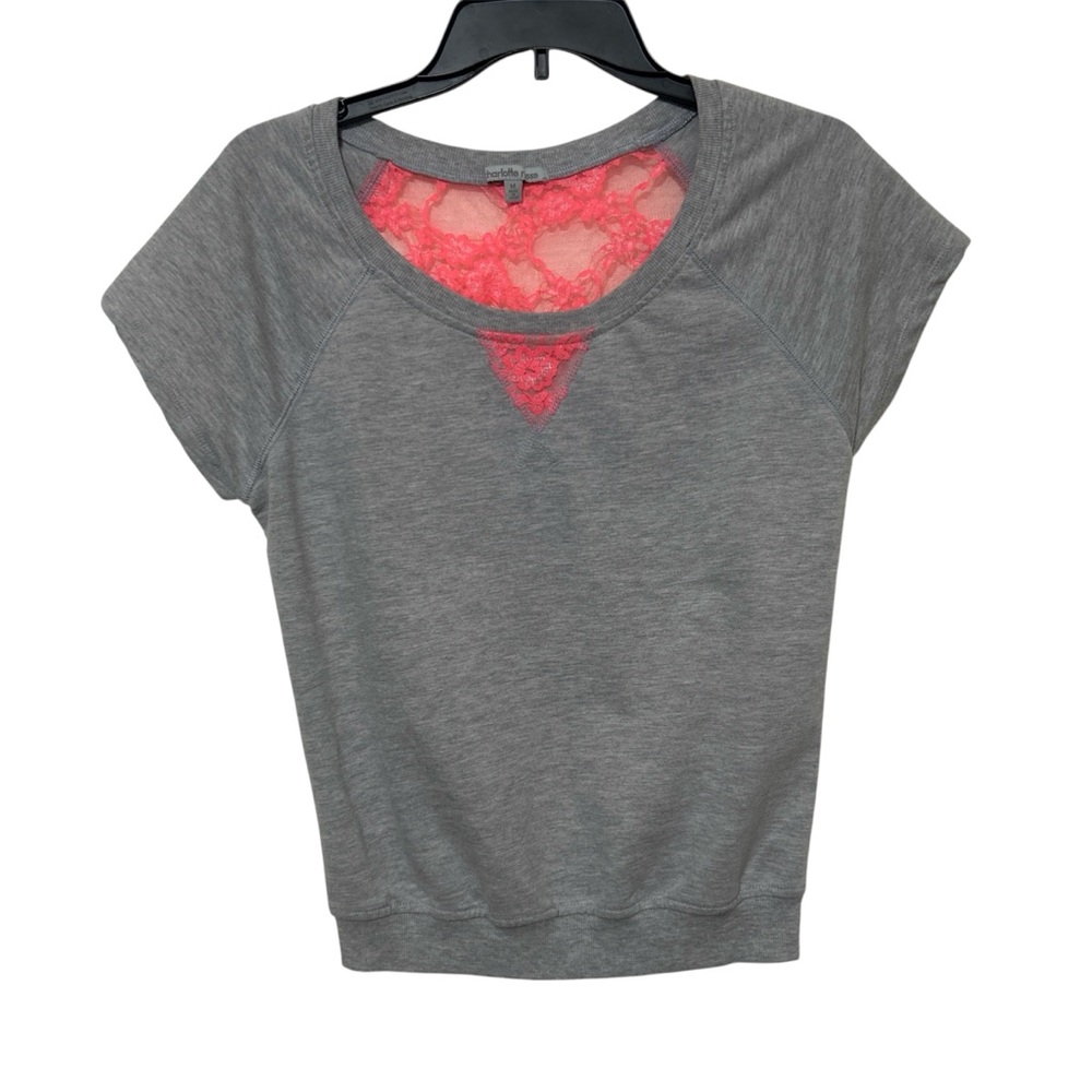 Charlotte Russe Grey Short Sleeve Sweatshirt with Neon Pink Lace Back